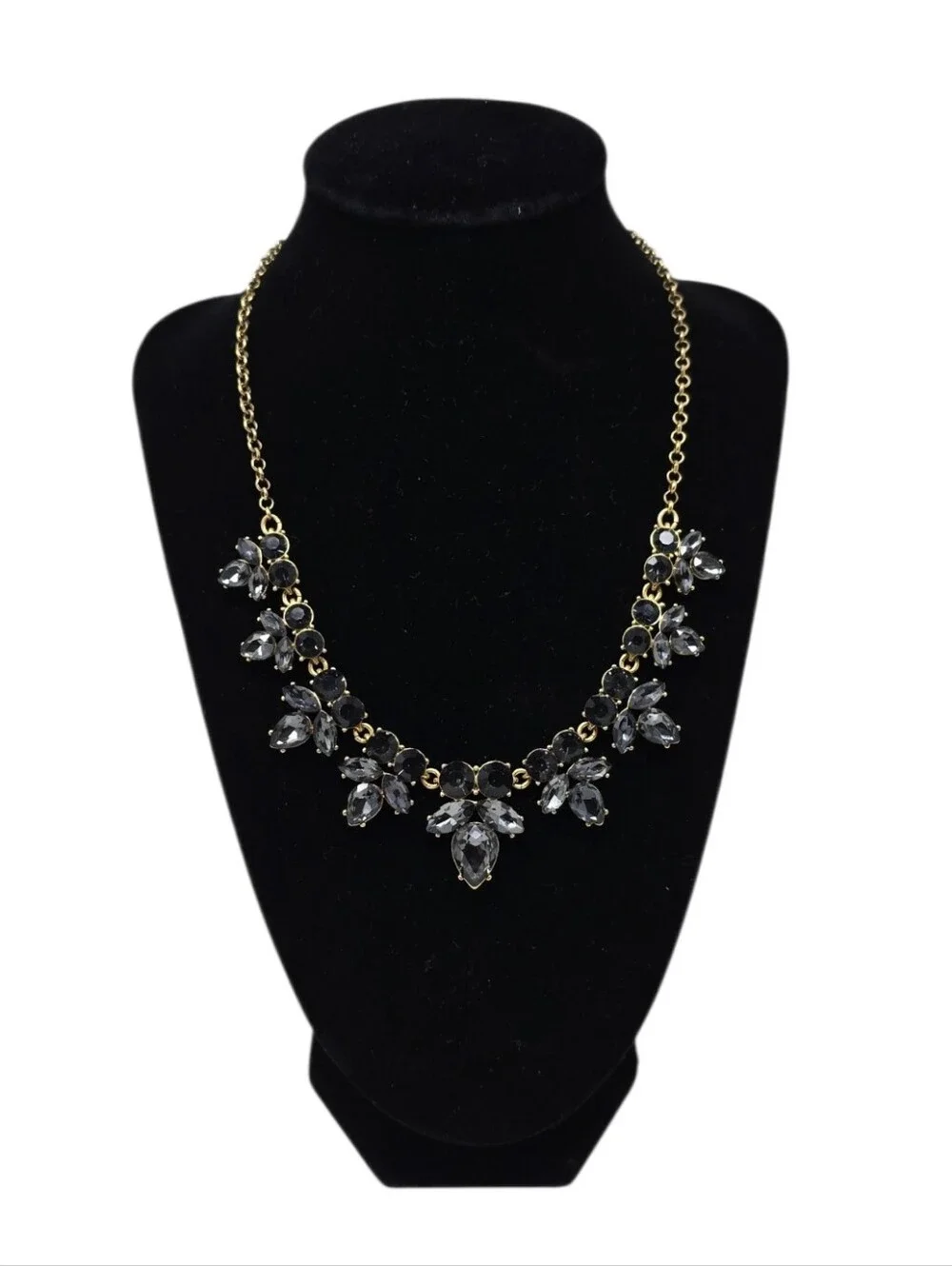 J Crew Smoky Gray Crystal Statement Bib Necklace Gold Tone Chain